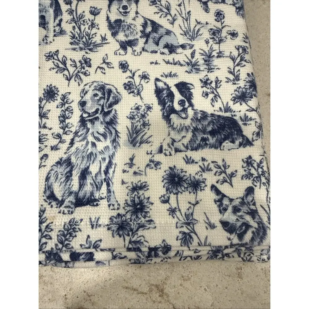TWO Blue & White Dogs Toile Kitchen Towels Cotton Blend CORGI Shepherd Retriever